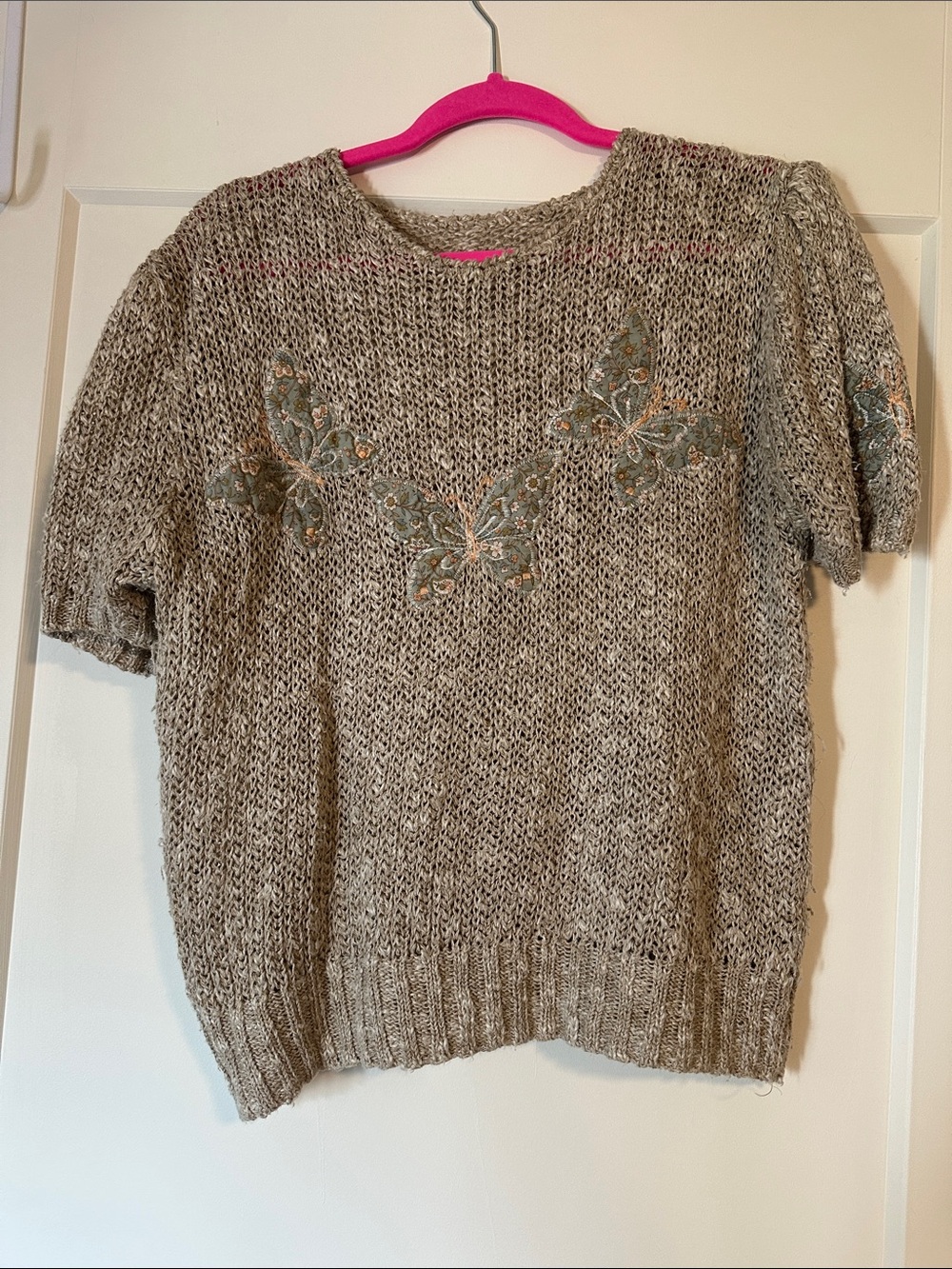 Beige Knit Short Sleeve Sweater with Embroidered Butterflies (possibly handmade)